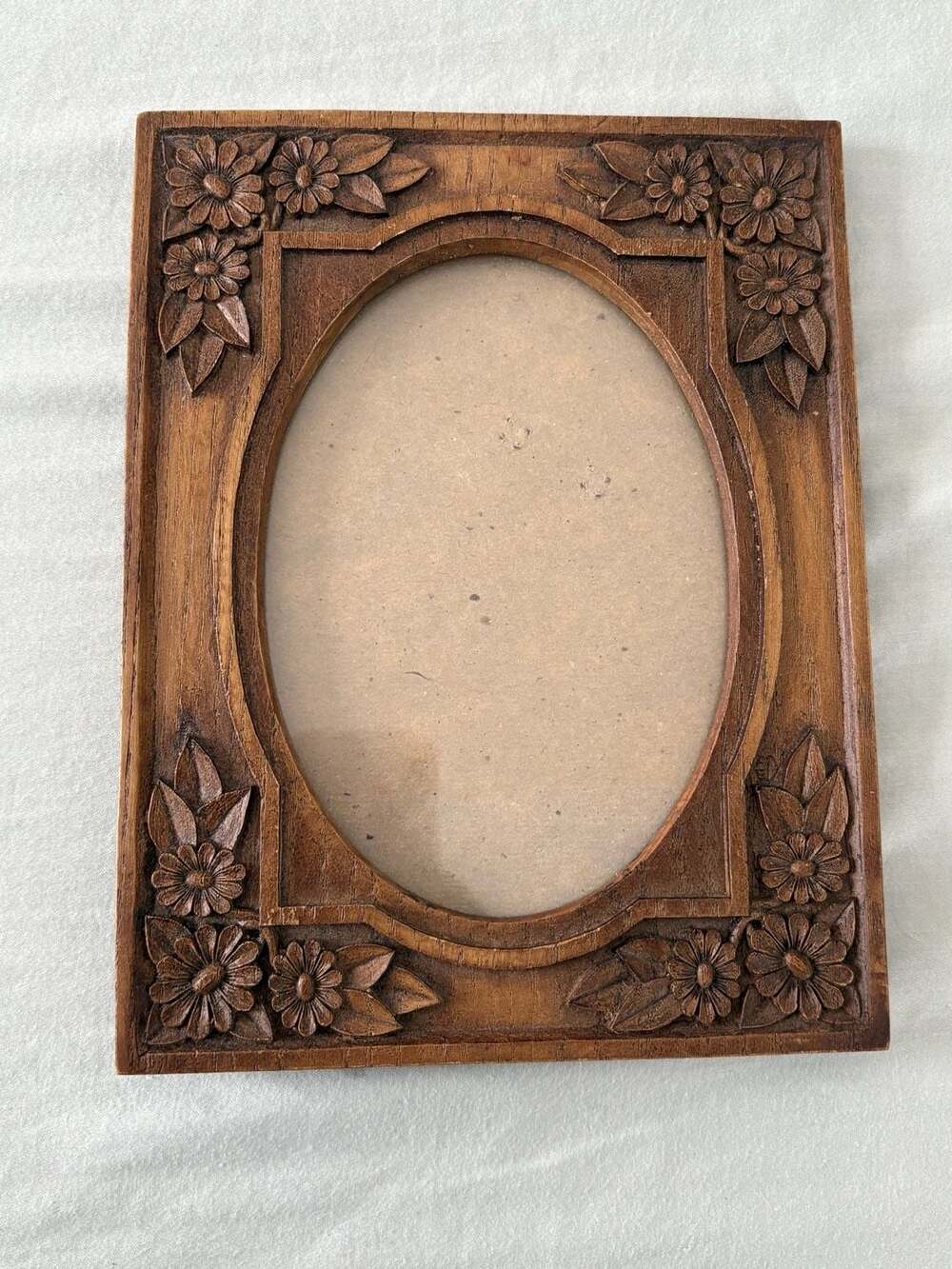 Vintage Hand Carved Wood Picture Frame Oval Floral Brown Decor
